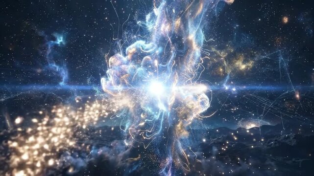 A rising particle cloud like an underwater explosion, surreal cosmic motion and futuristic digital atmosphere with soft luminous depth, ultra-realistic, no logos.