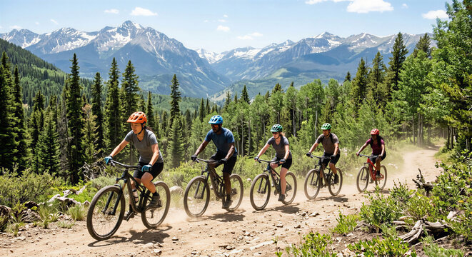 Diverse group of mountain bikers riding on a trail through the mountains.