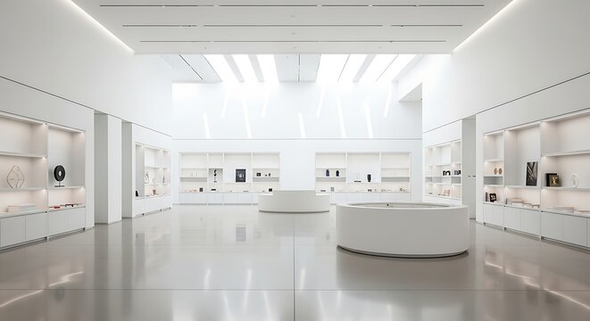 Modern minimalist museum interior with clean white walls and illuminated display cases showcasing exhibits