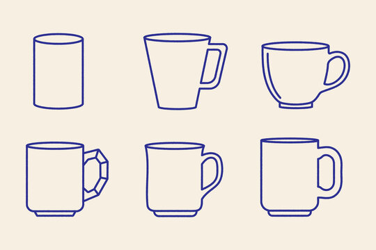 Set of simple blue outline coffee mugs and tea cups in minimalist line art style