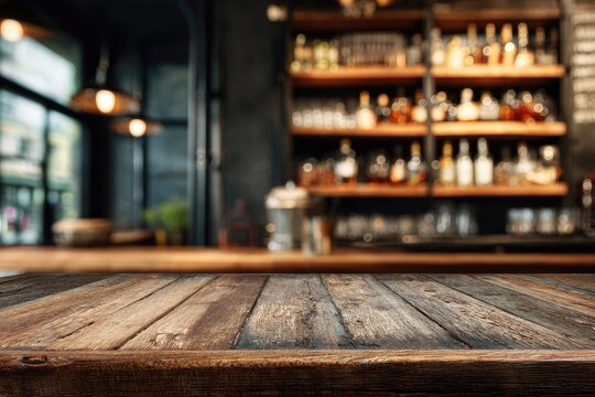 A rustic wooden tabletop provides a foreground to a blurred bar interior with shelves of bottles.