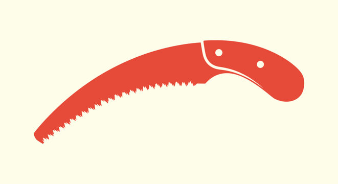 Curved hand saw silhouette, pruning tool icon for gardening and landscaping, orange saw on beige.