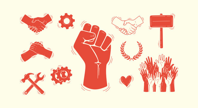 Labor Union and Social Justice Icons Set with Raised Fist, Handshake, Gears and Protest Placard