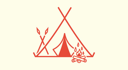 Minimalist Red Camping Tent Icon with Campfire and Crossed Spears for Outdoor Adventure Graphics © Tajul