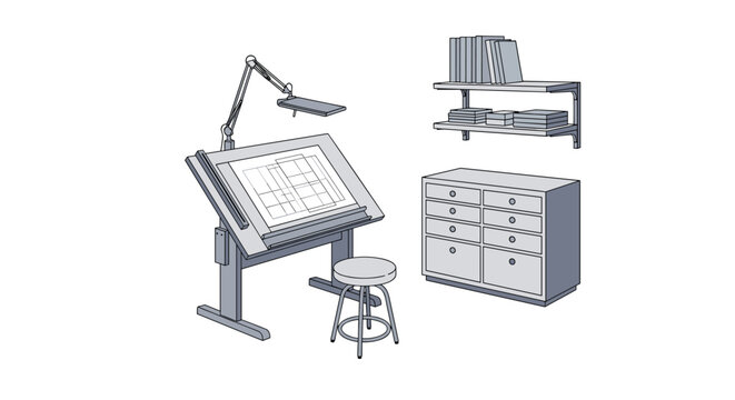 Illustration of an artist or architect studio featuring a drafting table, a swivel stool, wall shelves with books, and a large chest of drawers.
