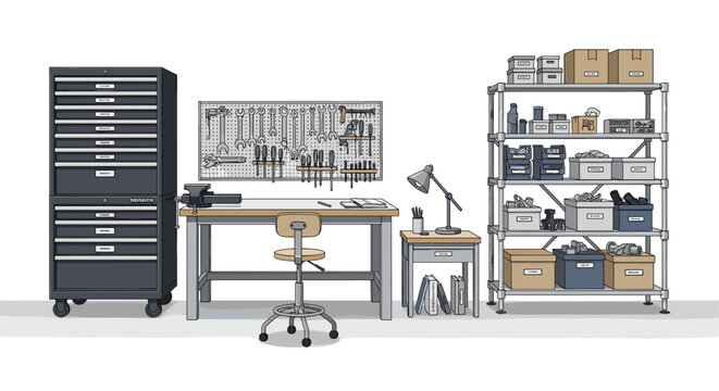 Illustration of a well organized workshop featuring a large tool cabinet, a workbench with a vise, a pegboard for tools, and a metal storage rack.
