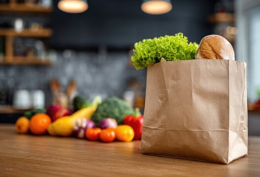 A brown paper bag filled with fresh produce and bread sits on a wooden countertop in a kitchen.