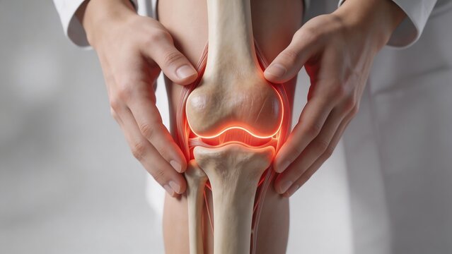 Human knee joint anatomy with medical hands