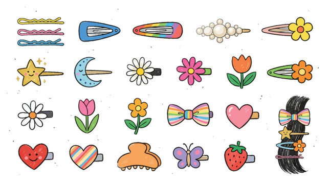 A vibrant collection of various cute and colorful hair clips and barrettes featuring playful designs like stars, moons, flowers, bows, and hearts, perfect for children and fashion accessories.