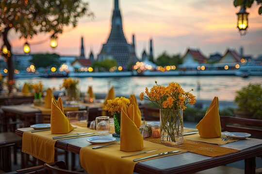 A beautifully set outdoor dining table overlooks a river and a distant temple at sunset.