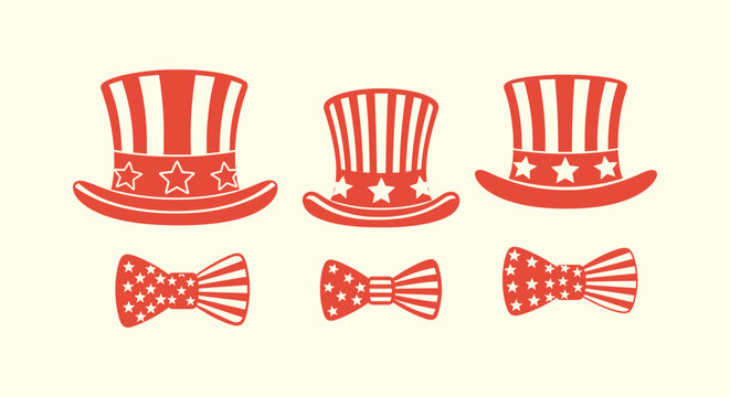 American patriotic set with Uncle Sam top hats and bow ties featuring stars and stripes design.