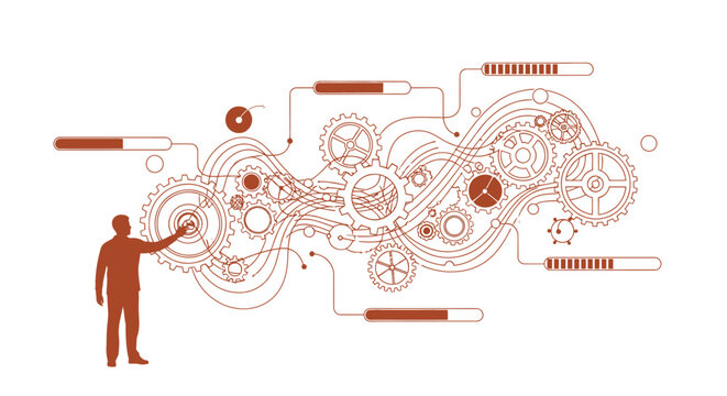 Man interacting with complex gears and progress bars system