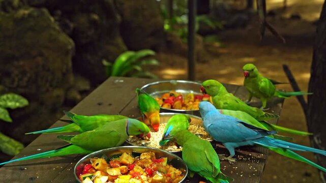 Group of colorful parrots and parakeets eating fruit and seeds from metal bowls on a wooden table in Mauritius