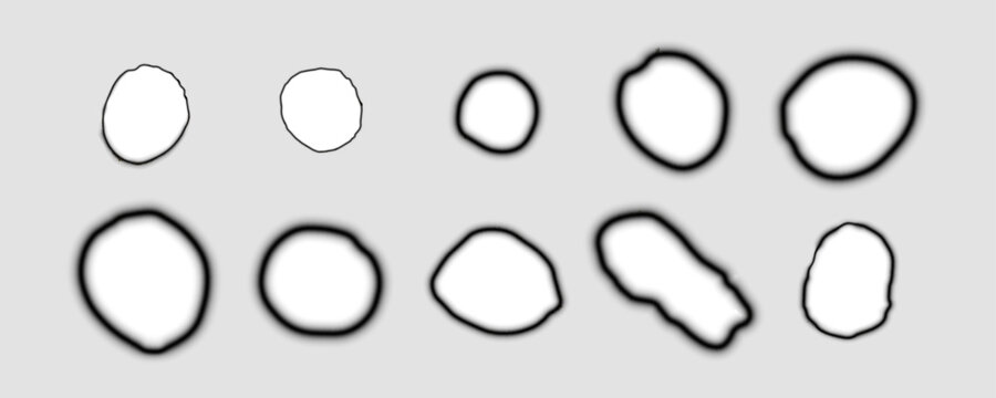 Paper burnt hole frames vector set, charred overlay effect, burned paper round border with fire scorched edges and ash