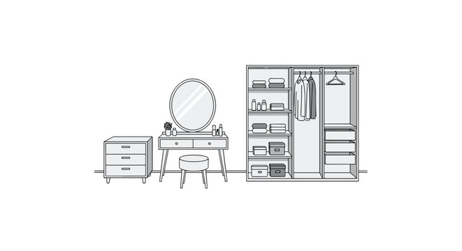 Illustration of a dressing room or bedroom corner featuring a vanity table with a round mirror, a stool, a dresser, and a large open wardrobe.