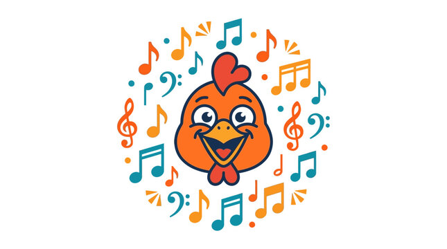 Playful Cartoon Chicken Singing Amid Colorful Musical Notes.
