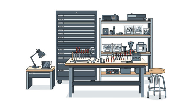 Illustration of a professional technician's workshop featuring a large tool chest, a workbench with many tools, a storage rack, and a laptop.