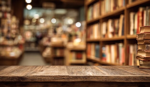 A warmly lit, blurred bookstore interior features a wooden table in the foreground with stacked books.
