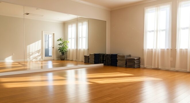 Sunlit dance studio with mirrors and yoga mats ready for practice