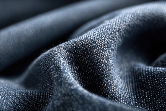A close-up view showcases the intricate texture and folds of dark blue denim fabric.