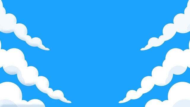 Seamless looping cartoon clouds forming a soft frame on both sides over a bright blue sky background. Minimal flat design with smooth rounded shapes and gentle motion, 