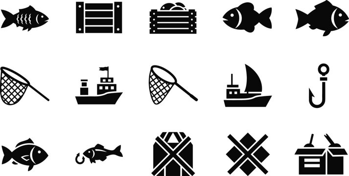 Fishing and Seafood Industry Icon Set with Fish Boats Nets Hooks and Marine Elements in Modern Flat Vector Style for Apps and Designs