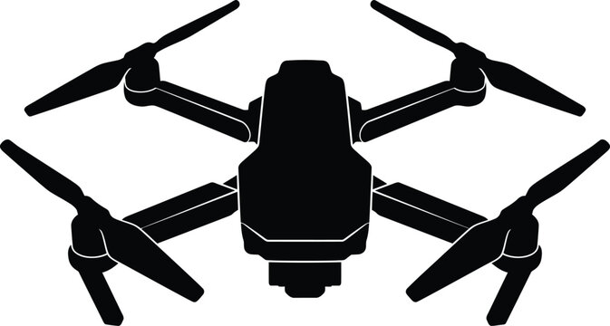 Modern quadcopter drone with four propellers and camera mount for aerial photography and videography editable vector silhouette