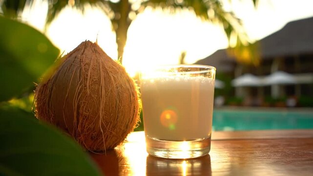 Coconut and refreshing drink on a table by the poolside at sunset