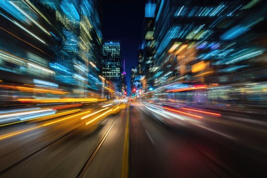 A long exposure photograph captures the vibrant energy of a city street at night, showcasing blurred lights and a sense of rapid motion.