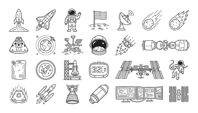 Exploring space and technology icons in a fun, illustrated style