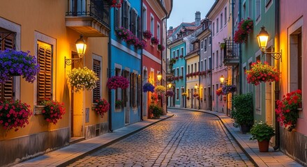 Naklejka premium A charming narrow street in a quiet town features colorful historic buildings, cobblestone paths, hanging flower baskets, and warm metal lanterns, streetlights, brick, architecture