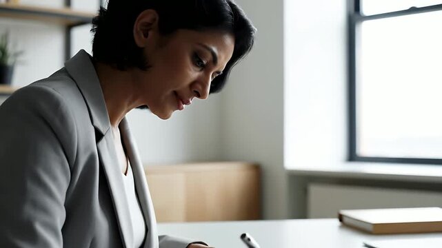 A professional woman in a grey blazer focuses intently as she writes notes at her desk in a bright, modern office setting, embodying corporate productivity and focused leadership.