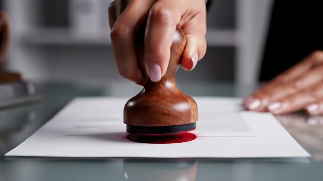 A hand presses a wooden stamp onto a formal document, leaving a red wax-like seal. This video captures the ritual of authenticating important paperwork in a professional office setting.