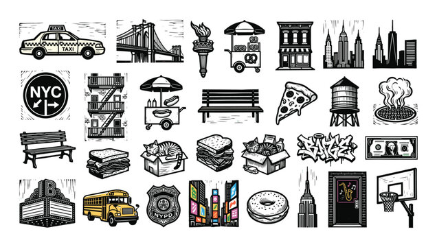 Iconic New York City illustrations featuring landmarks and local culture