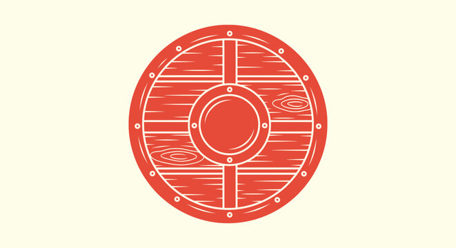 Vintage Red Viking Shield Vector Illustration with Wooden Texture and Metal Rivets for Game Design