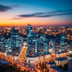 Fototapeta premium A detailed miniature scale model of a modern city center with tall glass towers, glowing streetlights, and a soft bokeh blur at sunset, tilt-shift, overhead, dusk