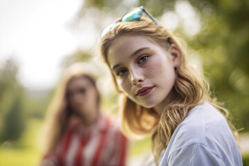 Naklejka premium Casual young woman looking at camera while standing in park with friend in background, natural daylight, relaxed outdoor lifestyle atmosphere,