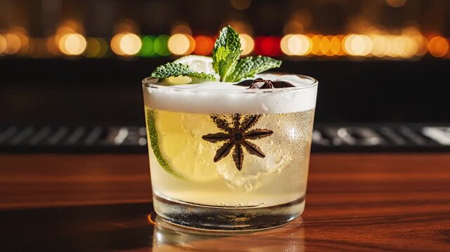A refreshing cocktail with mint and lime on a wooden bar