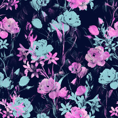 Reflected Flowers, Decorative seamless pattern. Repeating background. Tileable wallpaper print. © MalyskaStudio