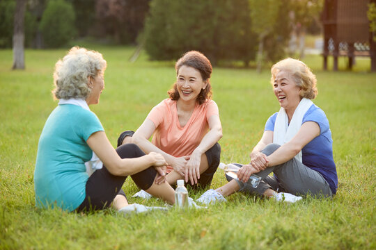 Senior female friends exercising in a park