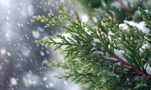 A close-up view showcases a juniper branch delicately dusted with falling snowflakes.