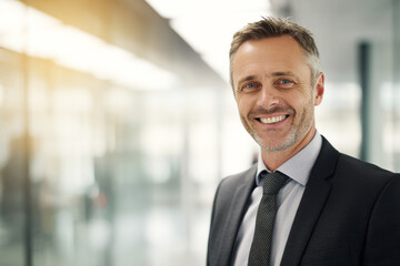 Fototapeta premium Close up of smiling businessman standing in modern office hallway, contemporary corporate architecture softly blurred in background, bright natural lighting, professional positive atmosphere, with