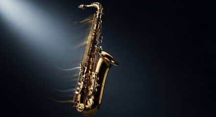 Fototapeta premium A polished golden saxophone shows a soft motion blur against a dark background, highlighting fluid musical energy and minimalist composition, elegance, elegant, instrument