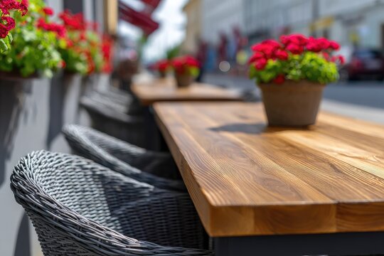 A charming outdoor cafe scene features wooden tables adorned with vibrant red geraniums in terracotta pots.