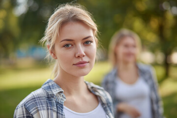 Fototapeta premium Modern casual young woman looking at camera while standing in park with friend in background, natural daylight, relaxed outdoor lifestyle atmosphere, background with minimal layout