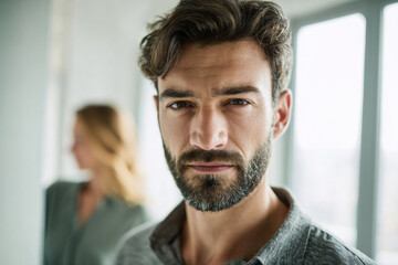 Obraz premium Confident man looking at camera while standing in bright modern apartment with partner in background, natural window light, authentic lifestyle scene, arranged in elegant aesthetic