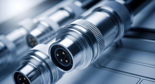 Close-up macro shot of multiple shiny silver electrical connectors on a blueprint