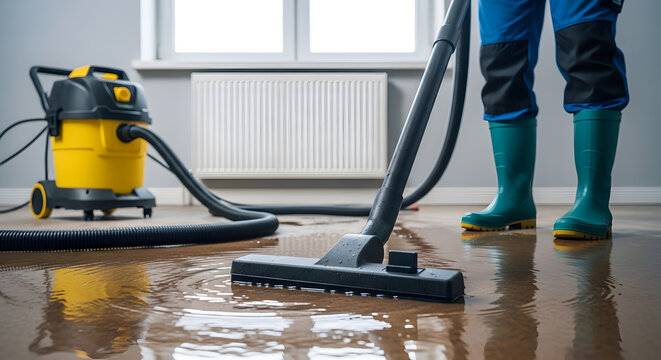 Professional Water Damage Restoration Specialist Using Wet Vacuum on Flooded Floor
