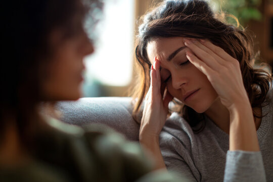 Woman with headache holding forehead while friend comforts her beside sofa, cozy home interior softly blurred, natural window light,
