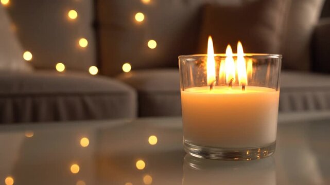 A closeup low angle shot of a lit candle on a reflective table indoors